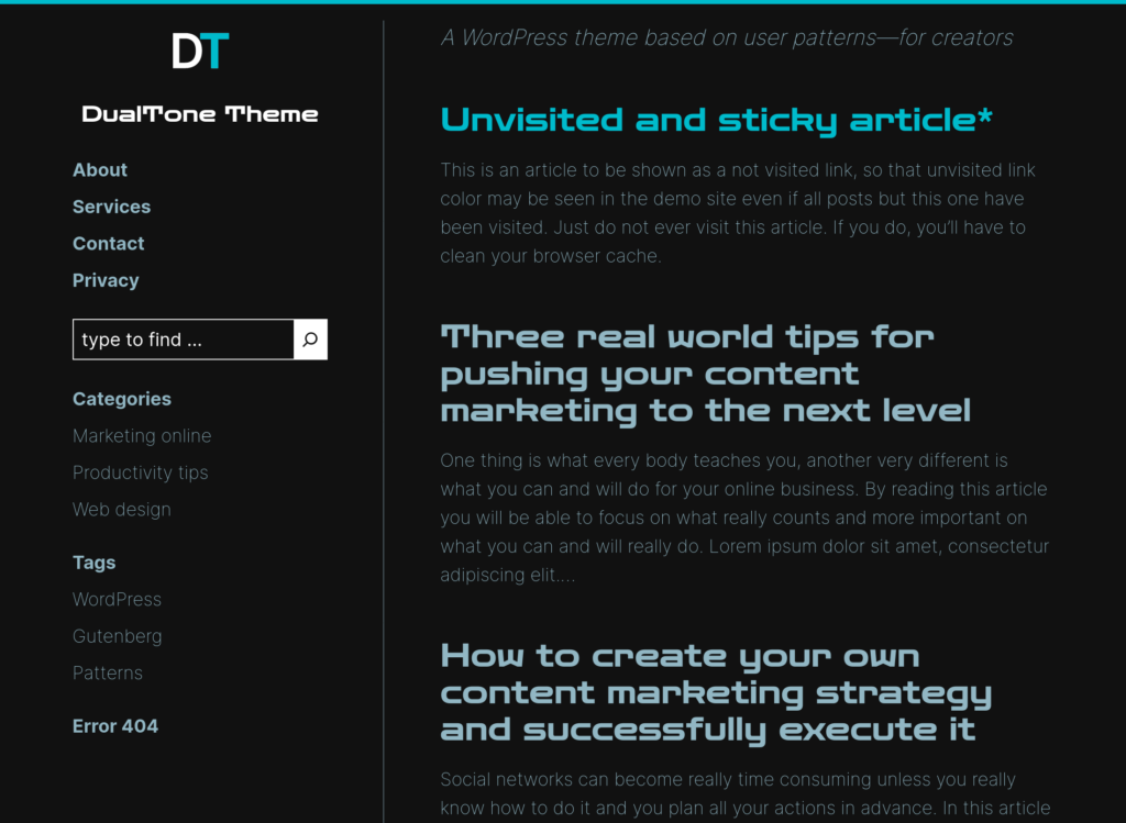 two column with sidebar on the left WordPress theme with clean typography and simple color palette. Dark style variation with Zen Dots as typography for main headers